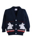 Full sleeves front open navy color sweater with matching cap and socks for baby