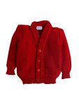 Full sleeves front open red color sweater with matching cap and socks for baby