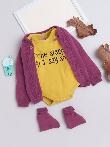 Wooden Button Front Open Wine Color Knitted Baby Sweater Jacket Set with matching Socks and stylish Cotton Yellow color Onesie