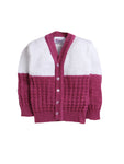 Full sleeves front open wine color sweater with matching cap and socks for baby