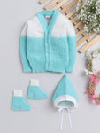 Full sleeves front open green color sweater with matching cap and socks for baby