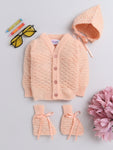 Full sleeves front open peach color sweater with matching cap and socks for baby