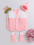 Full sleeves front open pink color sweater with matching cap and socks for baby
