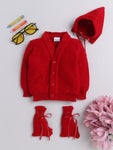 Full sleeves front open red color sweater with matching cap and socks for baby