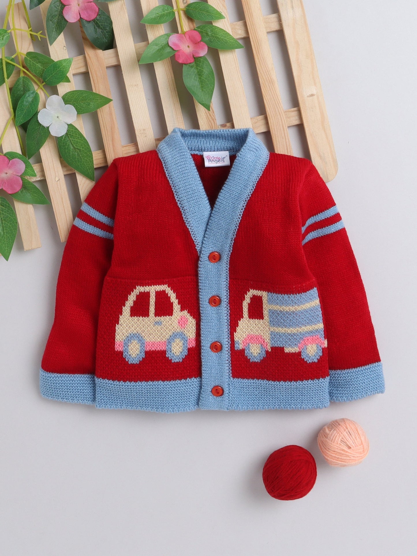 Baby Cardigan Sweater with Jacquard Knitted Car and Truck Pattern