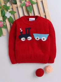 Charming Red Baby Pullover Sweater with Jacquard Knit Engine Pattern