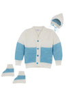 Full sleeves front open blue color sweater with matching cap and socks for baby