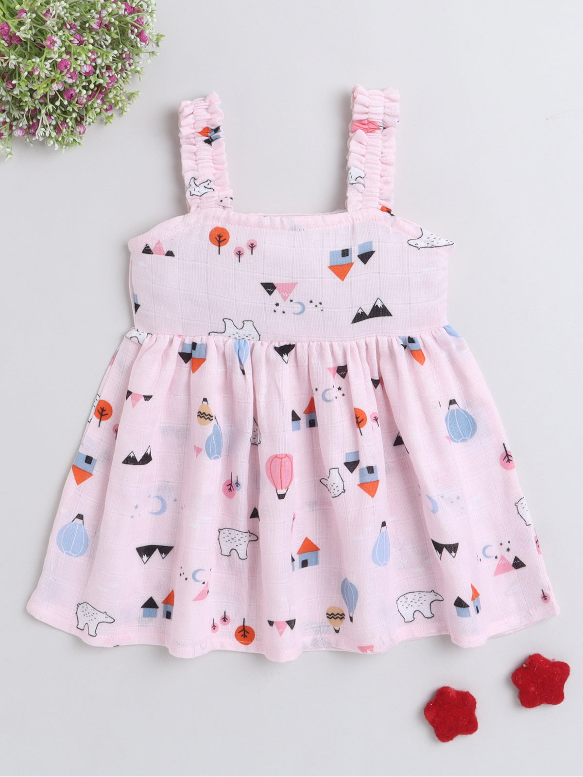 Printed Pink Muslin Frock For Baby Girl