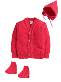 Full sleeves front open Fuchsia color sweater with matching cap and socks for baby
