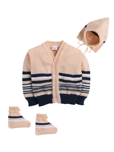 Front Open Full Sleeve Peach and Navy Sweater With Matching Caps and Socks