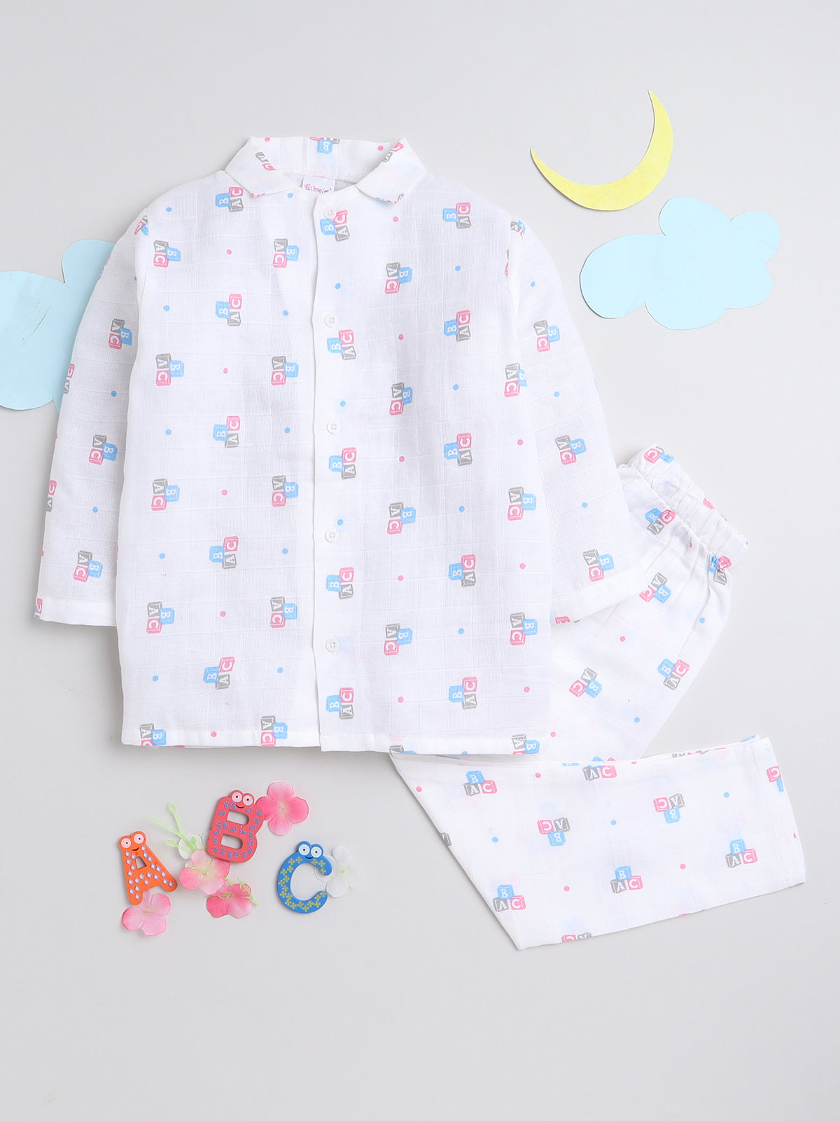 Little Angels Printed Unisex Cotton Night Suit - White