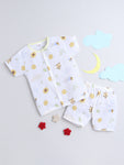 Printed Muslin Cotton Top with Matching Shorts Combo - White (0-3Y) | Round Neck