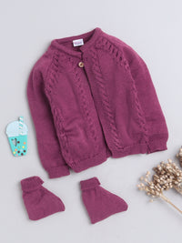 Wooden Button Front Open Wine Color Knitted Baby Sweater Jacket Set with matching Socks and stylish Cotton blue color Onesie