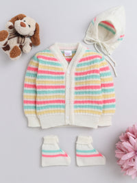 Front Open Full Sleeve Cream Color Stripe Design Sweater With Matching Caps and Socks