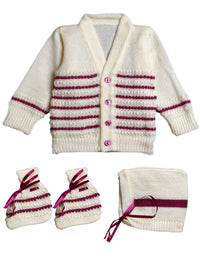 Full Sleeve Stripe Design Wine Color Sweater Set with Caps and Socks for Infants