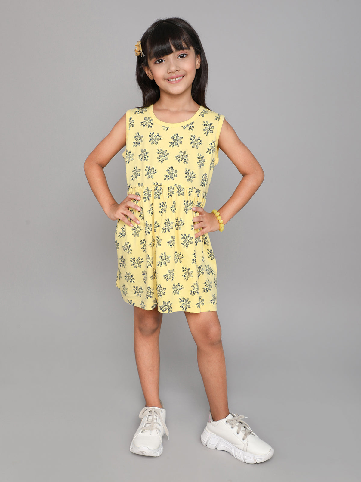 Printed Cotton Sleeveless Yellow Dress for Kids