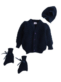 Front Open Navy Blue Color Self Design Sweater with matching Caps and Socks for Baby