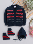 Front Open Full Sleeve Navy and Red Sweater With Matching Caps and Socks