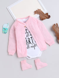 Wooden Button Front Open Pink Color Knitted Baby Sweater Jacket Set with matching Socks and stylish Cotton White color Onesie