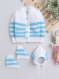 Full Sleeves Front Open Blue Color sweater with matching cap and socks for infants