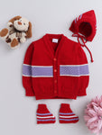 Front Open Full Red Color Sweater with Matching Caps and Socks For Baby