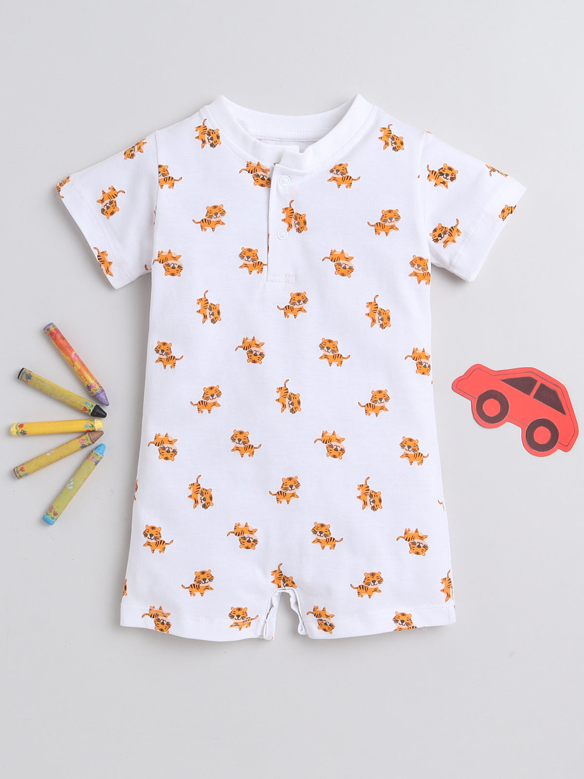 Little Angels Tiger Printed White Unisex Pure Cotton Romper upto 2 years