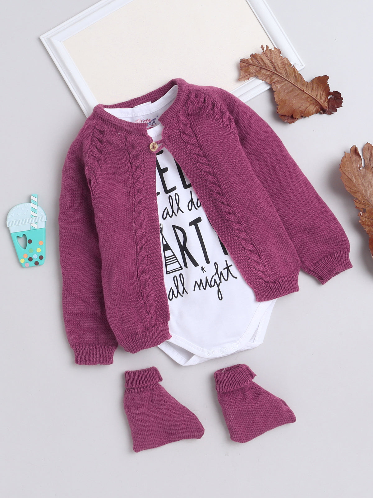 Wooden Button Front Open Wine Color Knitted Baby Sweater Jacket Set with matching Socks and stylish Cotton White color Onesie
