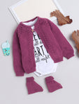 Wooden Button Front Open Wine Color Knitted Baby Sweater Jacket Set with matching Socks and stylish Cotton White color Onesie