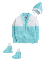 Full sleeves front open green color sweater with matching cap and socks for baby