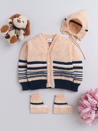 Front Open Full Sleeve Peach and Navy Sweater With Matching Caps and Socks