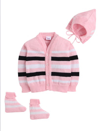 Front Open Full Sleeve Pink Color Sweater with matching caps and Socks