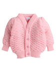 Front Open Full Sleeve pink Color Self design sweater with matching caps and socks for baby