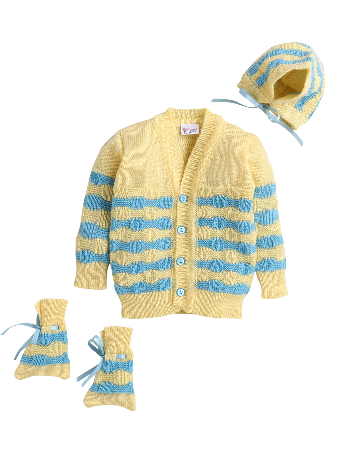 Full sleeves front open yellow with blue stripe  color sweater with matching cap and socks for baby