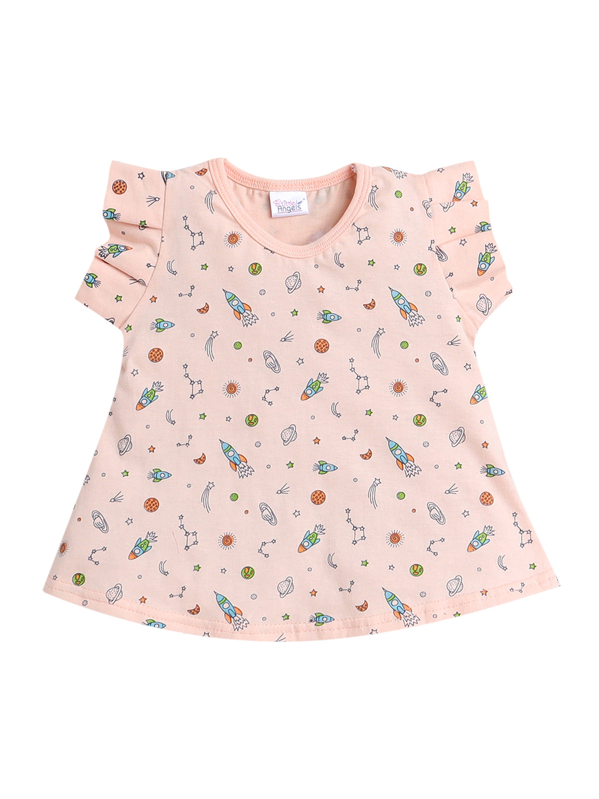 Printed Girl Frock with Matching Color Capri Combo | Peach | 3-6 Month to 2-3 Year