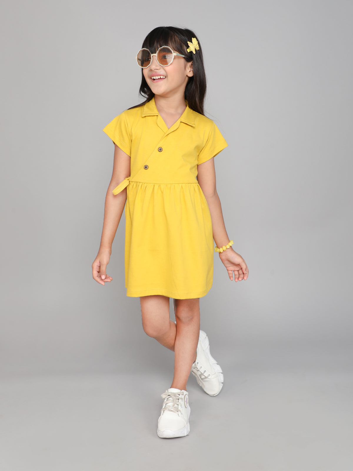 Collared Pure Cotton Tie Knot Dress for Girls