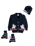 Full sleeves front open navy color sweater with matching cap and socks for baby