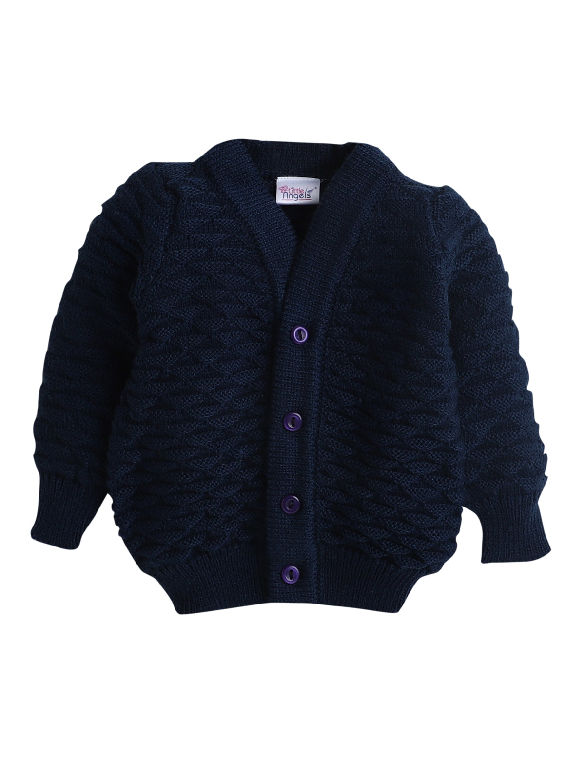 Front Open Navy Blue Color Self Design Sweater with matching Caps and Socks for Baby