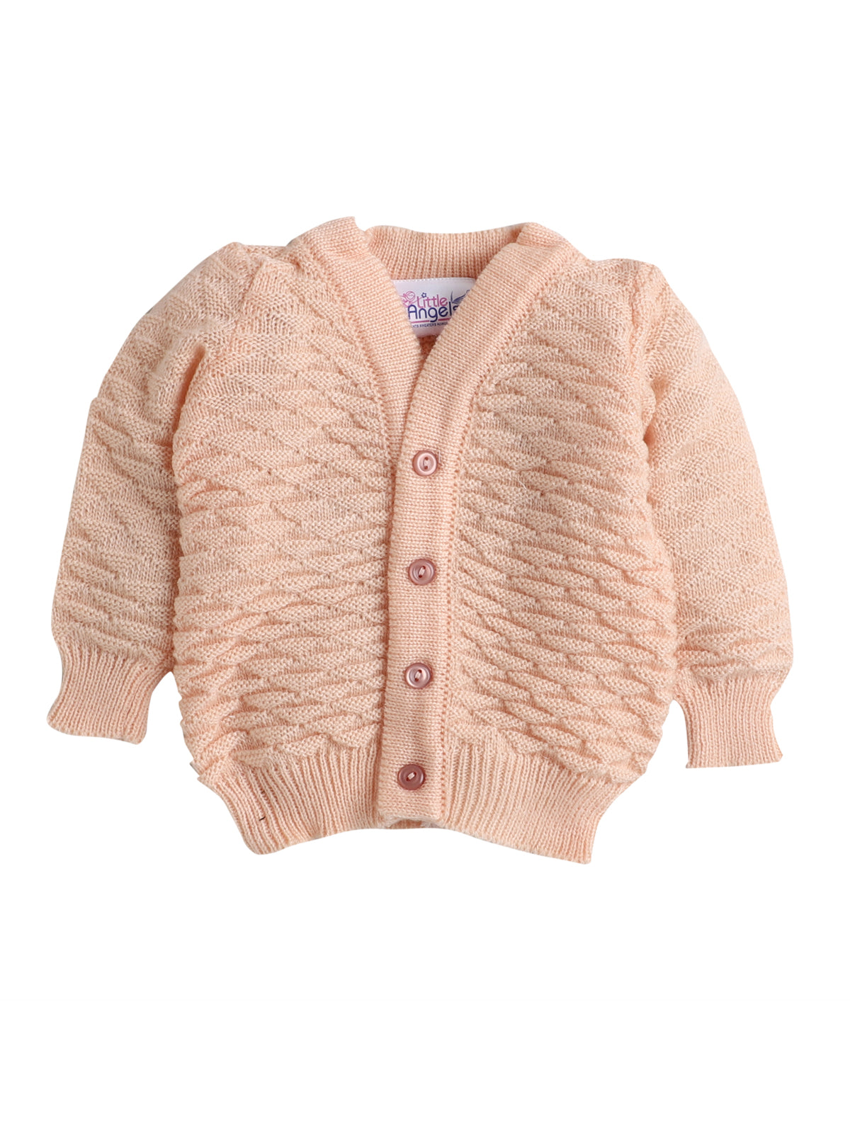 Full sleeves front open peach color sweater with matching cap and socks for baby