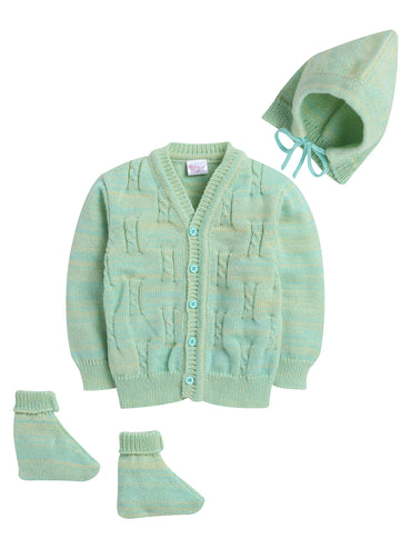 Front Open Full Sleeve Green Color Sweater With Matching Caps And Socks for Baby