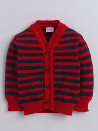 Red and Black Stripe Baby Full Sleeves V-Neck Cardigan