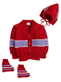 Front Open Full Red Color Sweater with Matching Caps and Socks For Baby