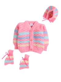 Full sleeves front open dark pink color sweater with matching cap and socks for baby