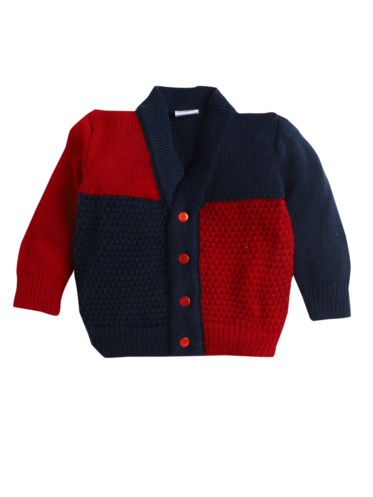 Full sleeves front open red and navy color sweater with matching cap and socks for baby
