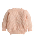 Full sleeves front open peach color sweater with matching cap and socks for baby