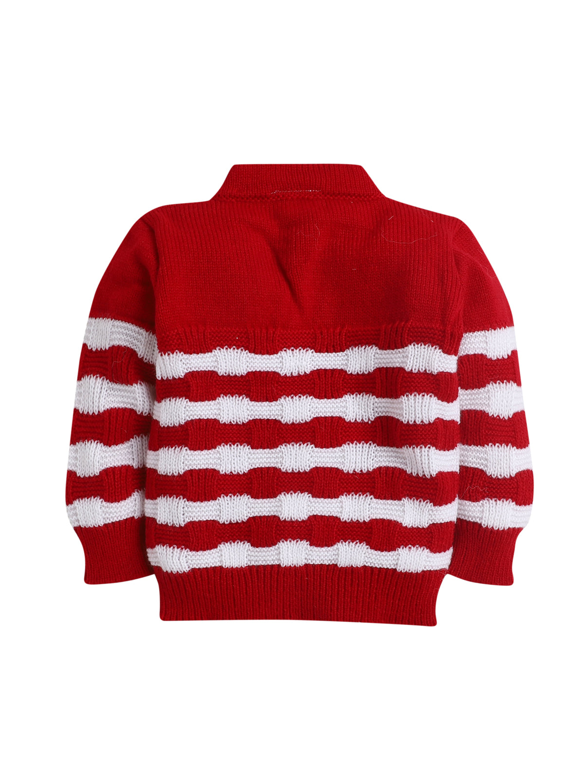 Full sleeves front open Red with White stripe color sweater with matching cap and socks for baby