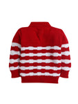 Full sleeves front open Red with White stripe color sweater with matching cap and socks for baby