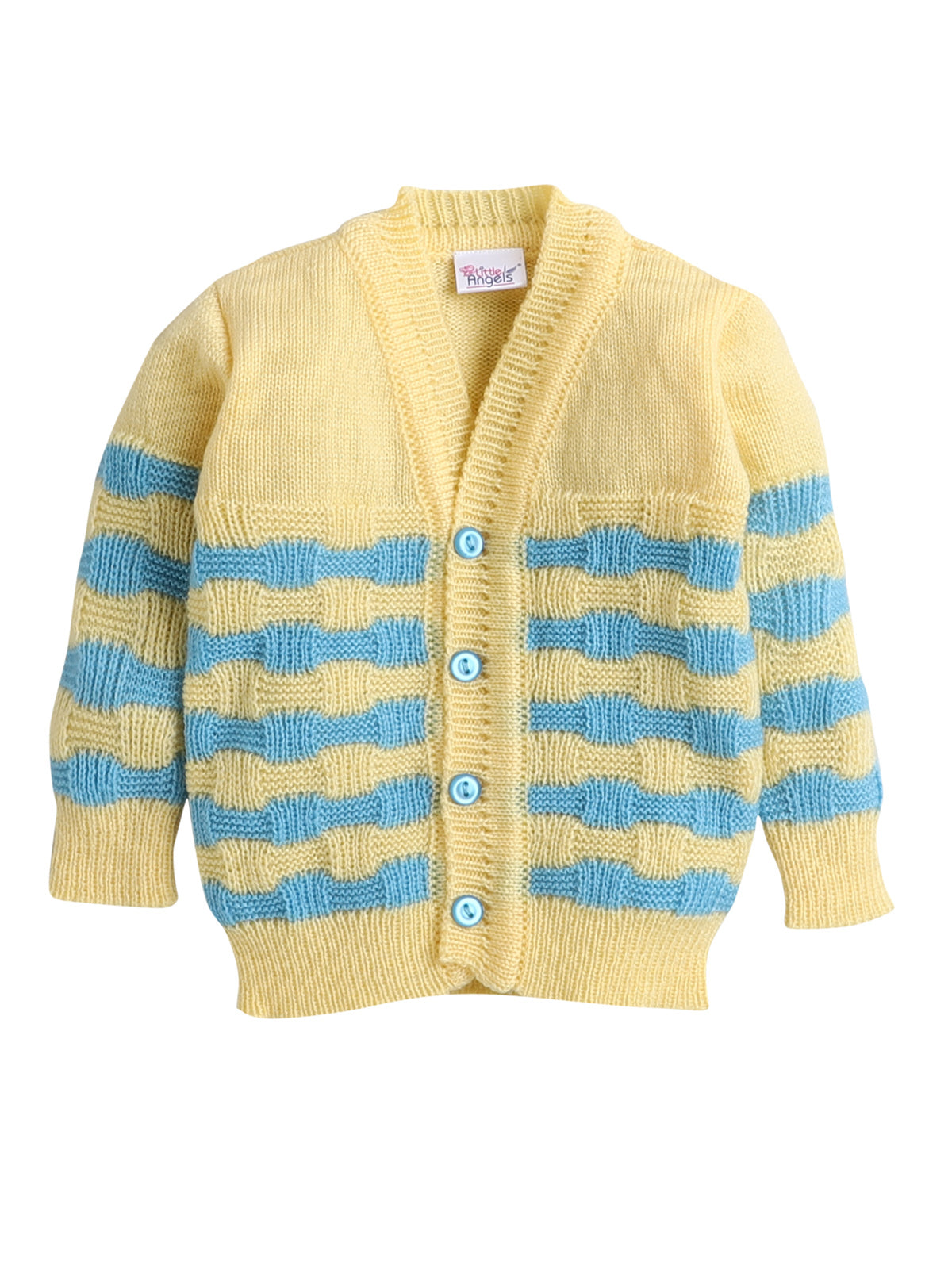 Full sleeves front open yellow with blue stripe  color sweater with matching cap and socks for baby