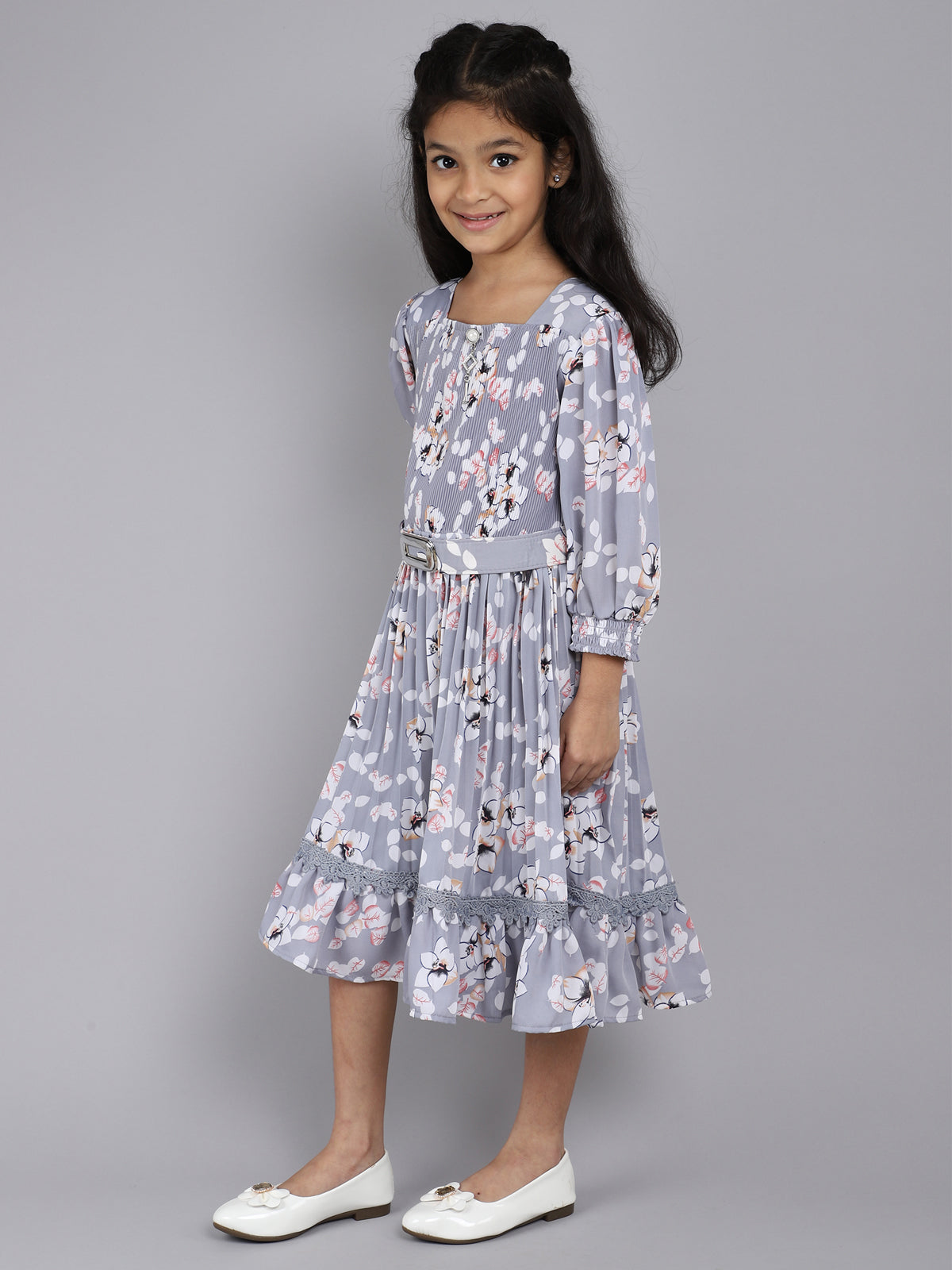 Dress 3/4th Sleeve Floral Print with Grey Color for kids
