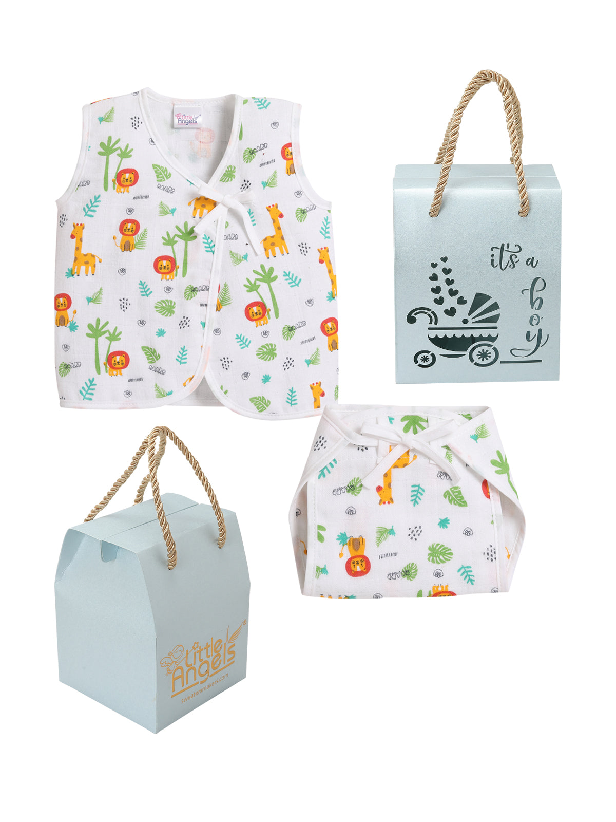 Printed cotton baby boy jhabla and nappy with gift set