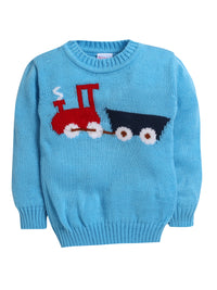 Charming Blue Baby Pullover Sweater with Jacquard Knit Engine Pattern
